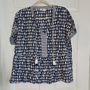 Vineyard Vines Blue White Fish Patterned Babydoll Top Size Large